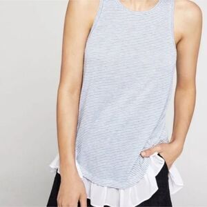 BCBGeneration Tank Top Sleeveless Ruffled Sheer Hem Blue White Stripe, Size XS